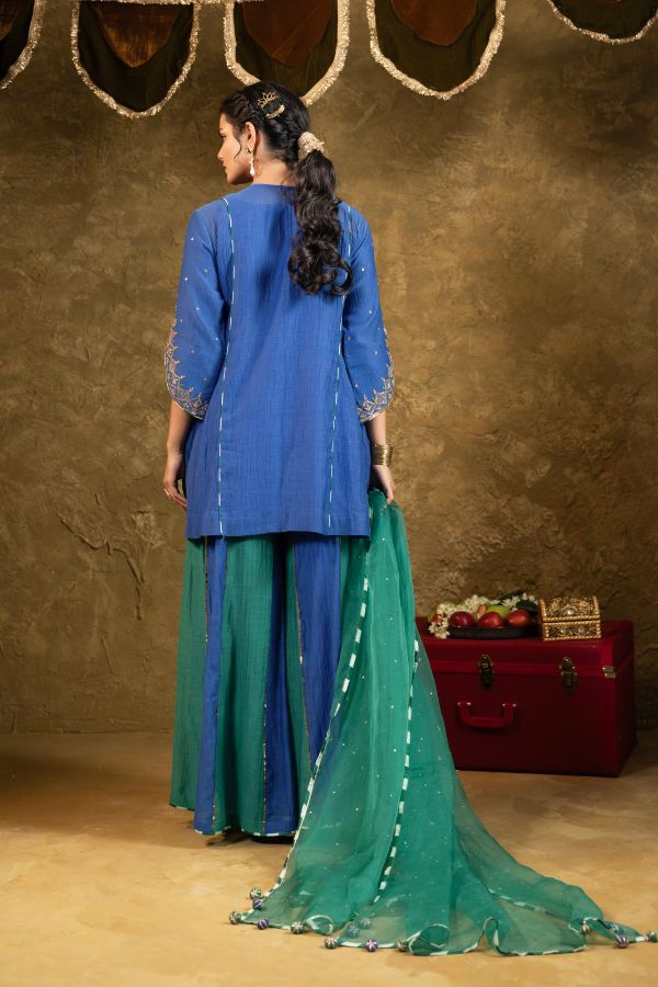 Antique Chowkadi Sharara Set - Blue + Green