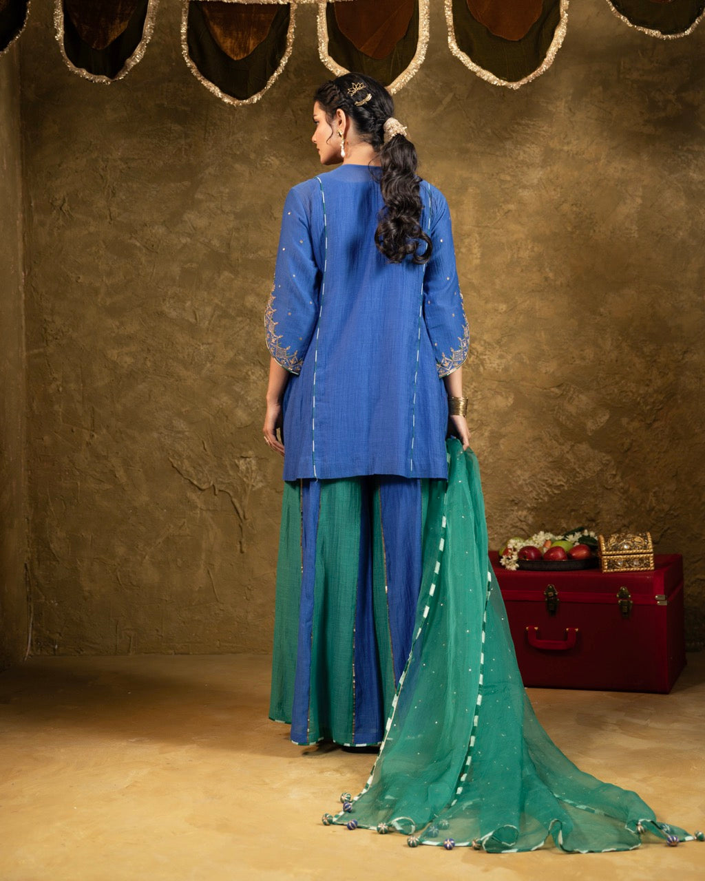 Antique Chowkadi Sharara Set - Blue + Green