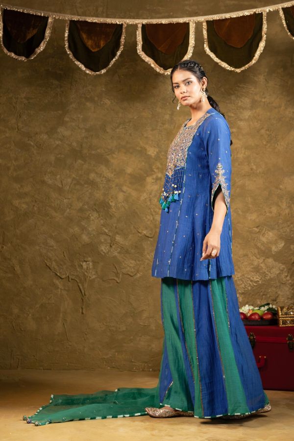 Antique Chowkadi Sharara Set - Blue + Green