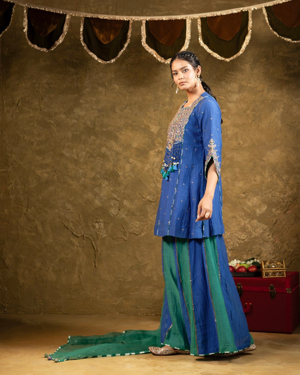 Antique Chowkadi Sharara Set - Blue + Green