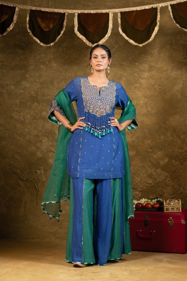 Antique Chowkadi Sharara Set - Blue + Green