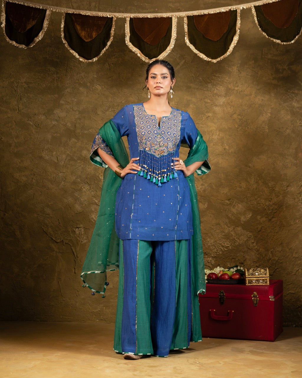 Antique Chowkadi Sharara Set - Blue + Green