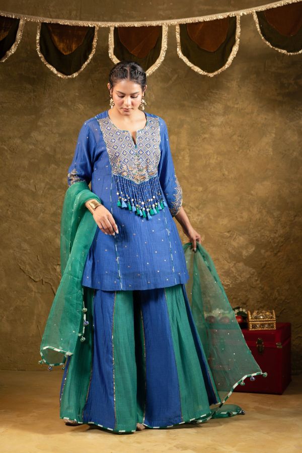 Antique Chowkadi Sharara Set - Blue + Green
