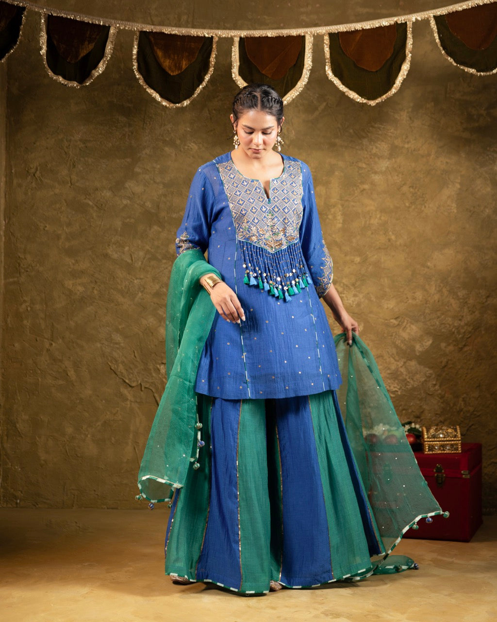 Antique Chowkadi Sharara Set - Blue + Green