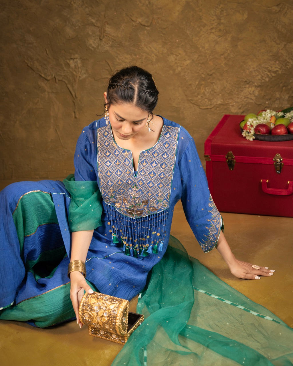 Antique Chowkadi Sharara Set - Blue + Green