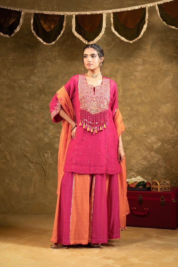 Antique Chowkadi Sharara Set - Pink + Orange