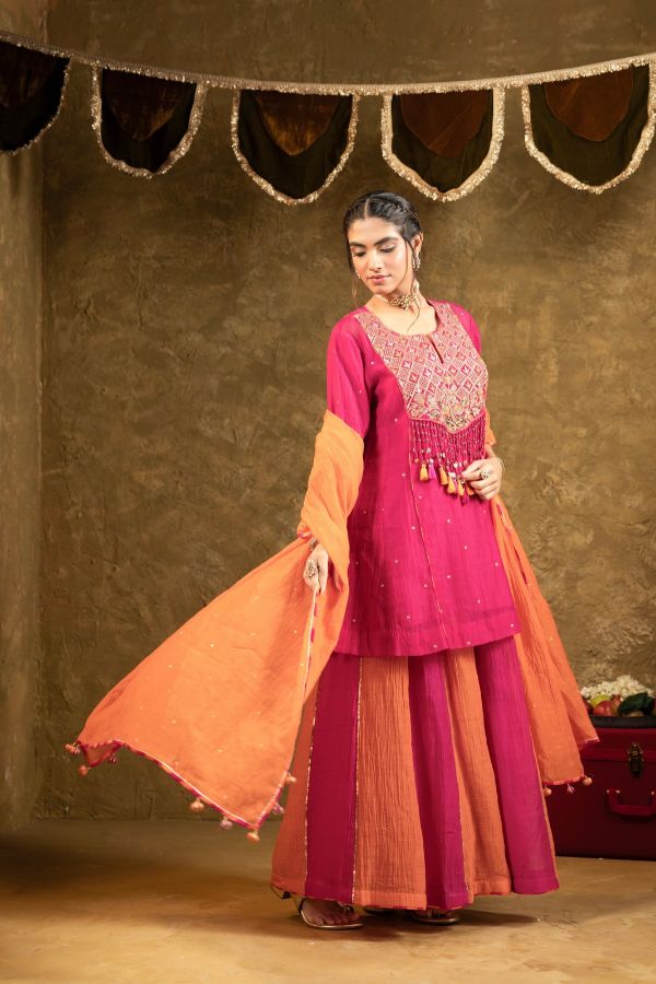 Antique Chowkadi Sharara Set - Pink + Orange