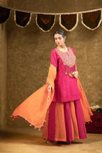 Antique Chowkadi Sharara Set - Pink + Orange