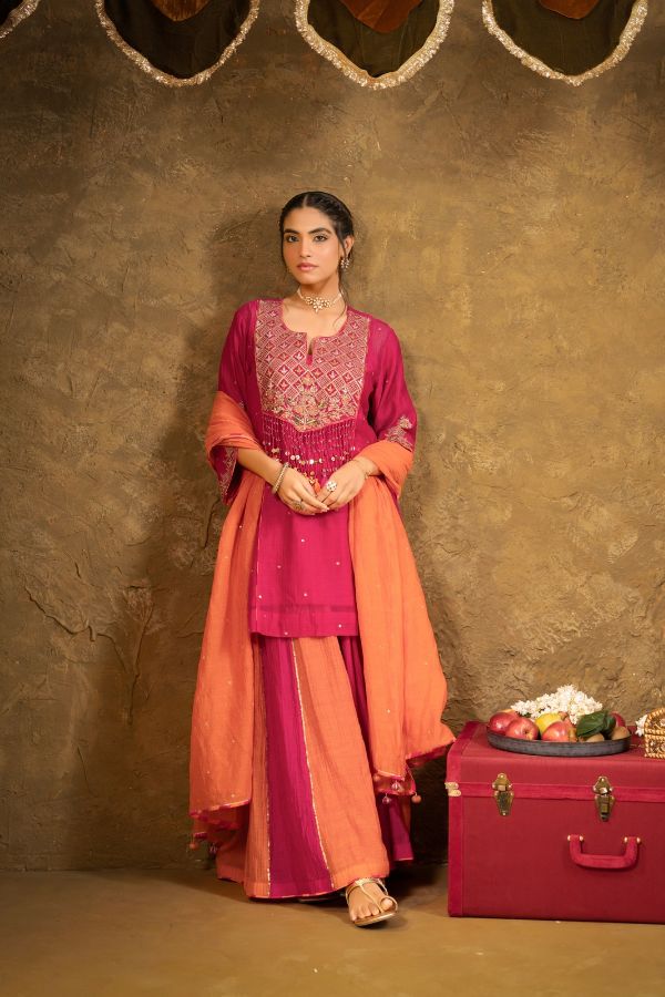 Antique Chowkadi Sharara Set - Pink + Orange