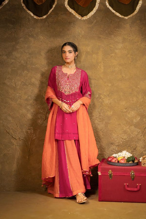 Antique Chowkadi Sharara Set - Pink + Orange