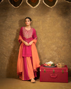 Antique Chowkadi Sharara Set - Pink + Orange