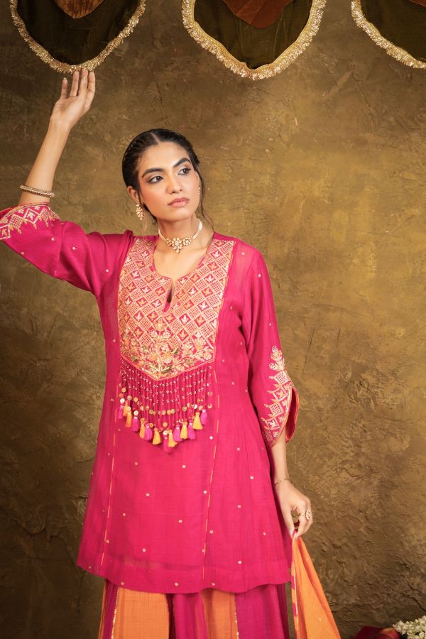 Antique Chowkadi Sharara Set - Pink + Orange