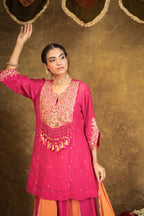 Antique Chowkadi Sharara Set - Pink + Orange