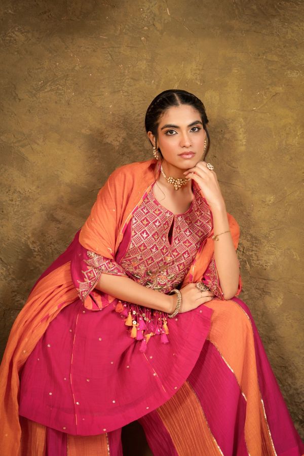 Antique Chowkadi Sharara Set - Pink + Orange
