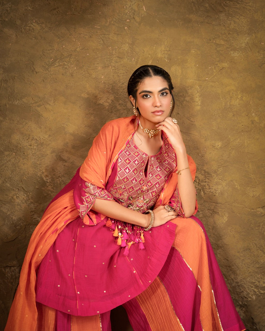 Antique Chowkadi Sharara Set - Pink + Orange