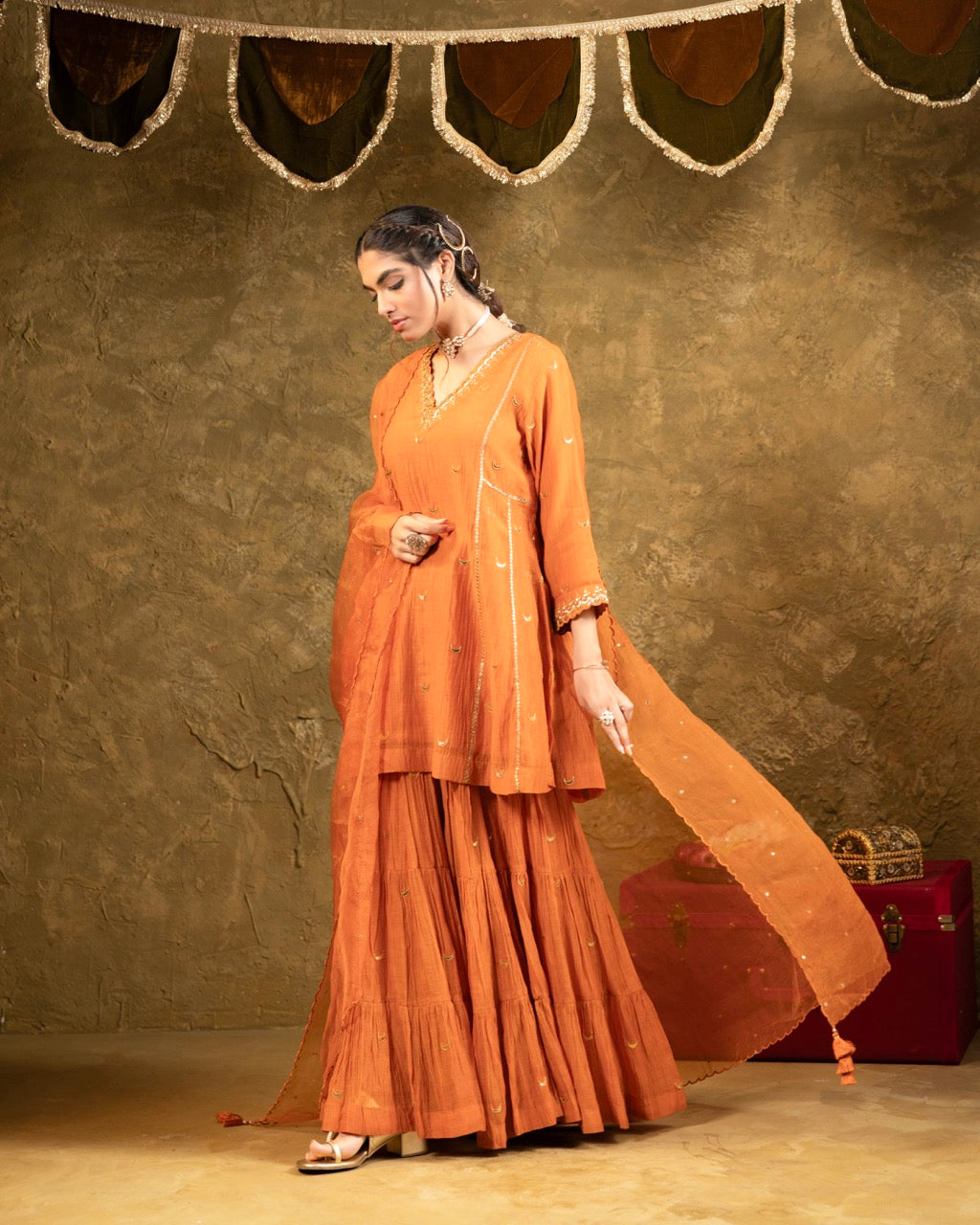 Rust Orange Chand Booti Sharara Set