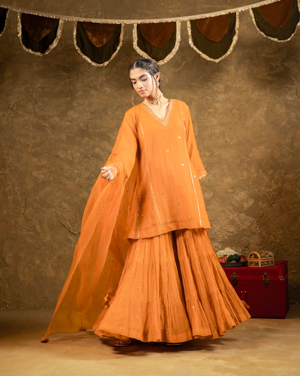 Rust Orange Chand Booti Sharara Set