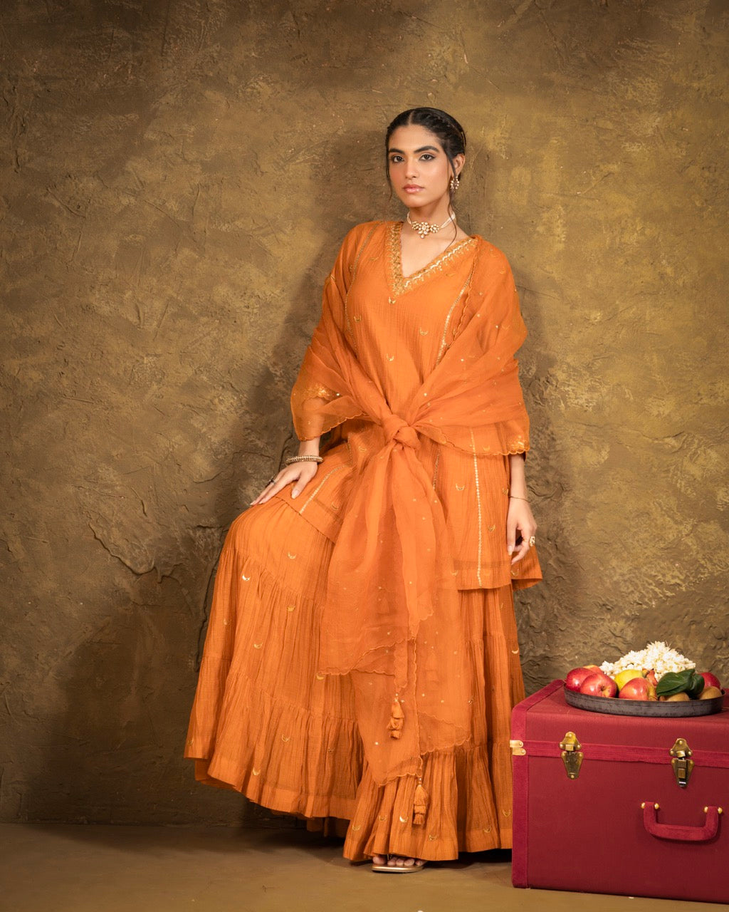 Rust Orange Chand Booti Sharara Set