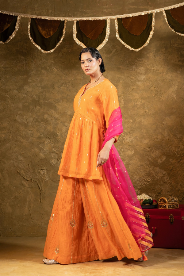 Orange High Slit Sharara Set