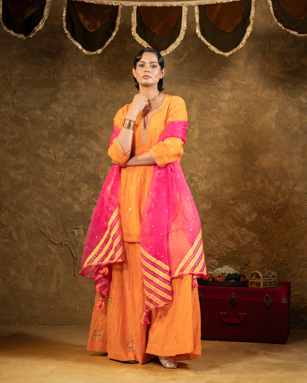 Orange High Slit Sharara Set