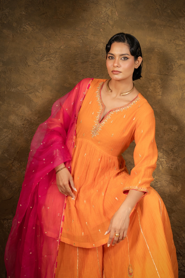 Orange High Slit Sharara Set