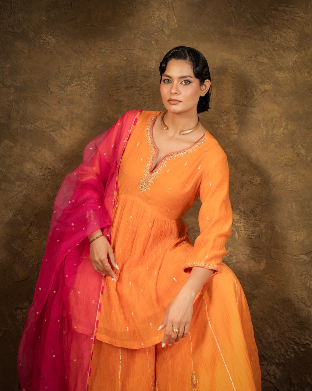 Orange High Slit Sharara Set