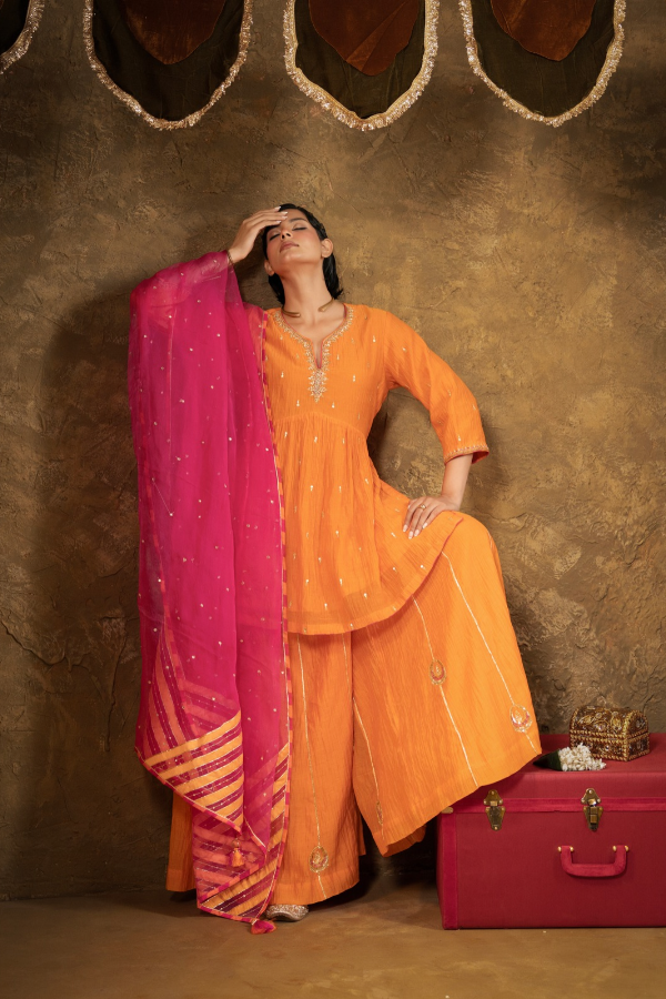 Orange High Slit Sharara Set