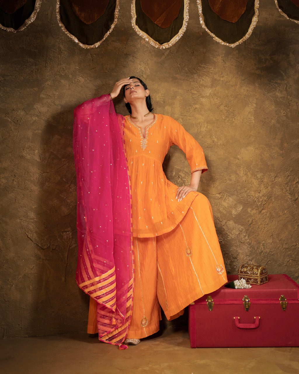 Orange High Slit Sharara Set