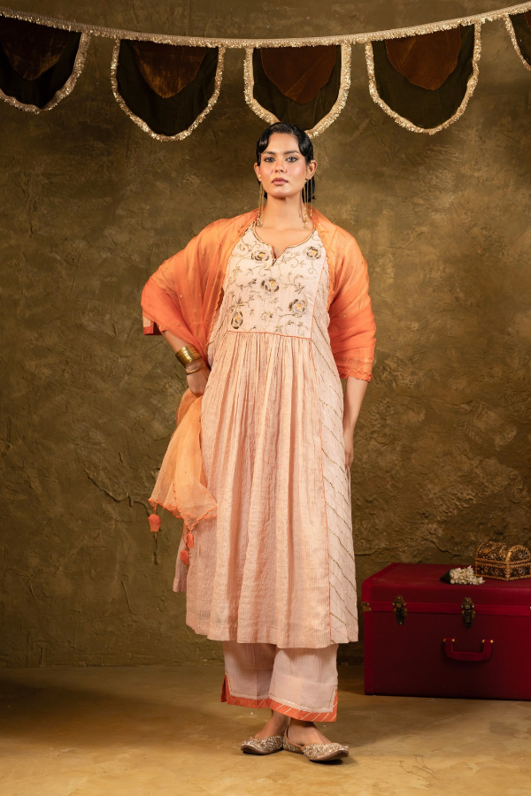 Beige Center Gathered A-line Kurta Set