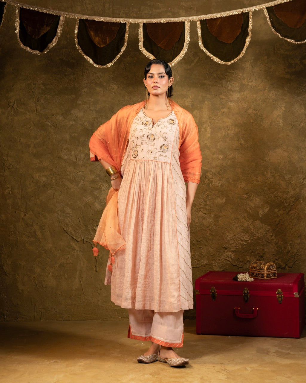 Beige Center Gathered A-line Kurta Set