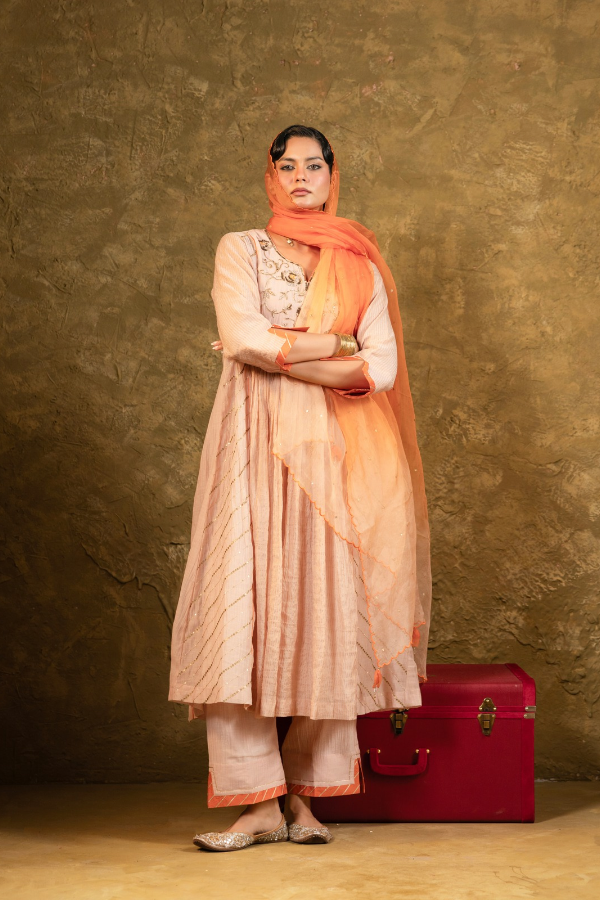 Beige Center Gathered A-line Kurta Set