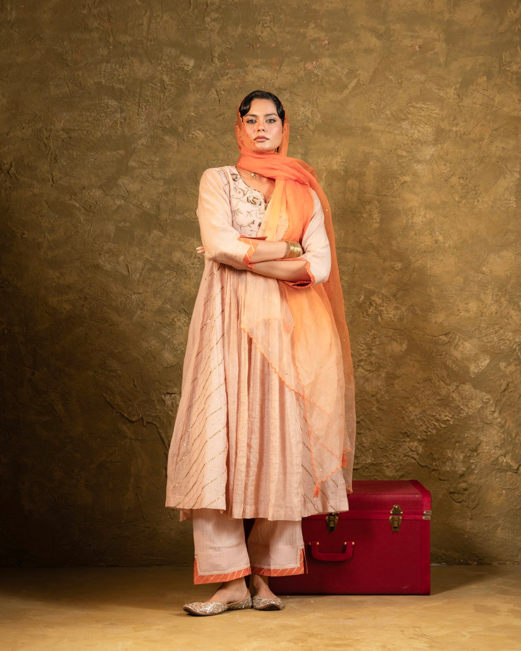 Beige Center Gathered A-line Kurta Set