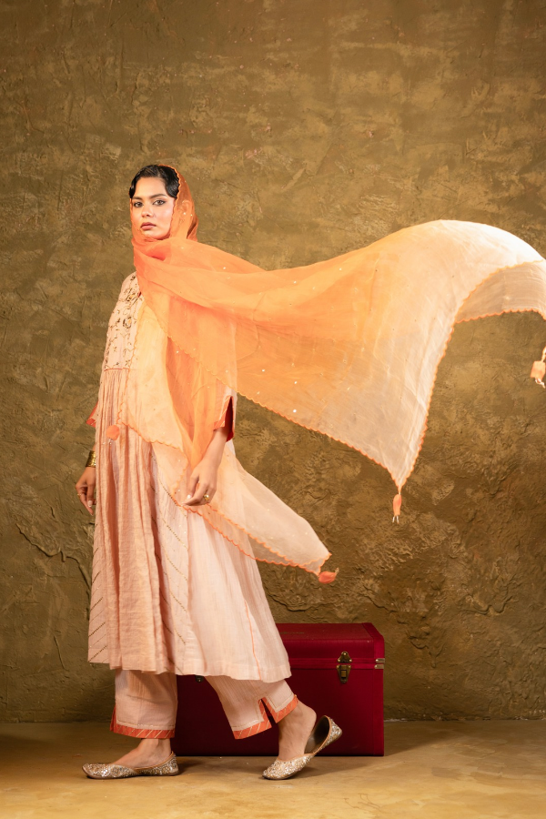 Beige Center Gathered A-line Kurta Set