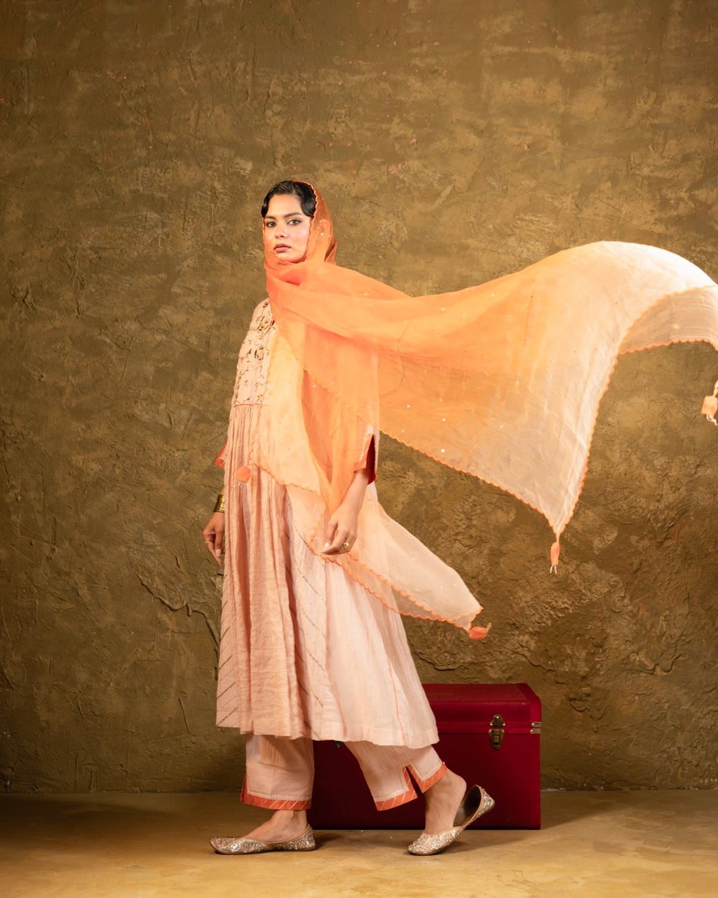 Beige Center Gathered A-line Kurta Set
