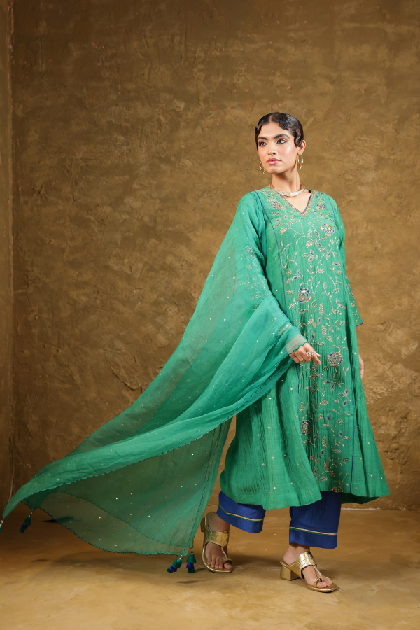 Green Jaal A-line Kurta Set