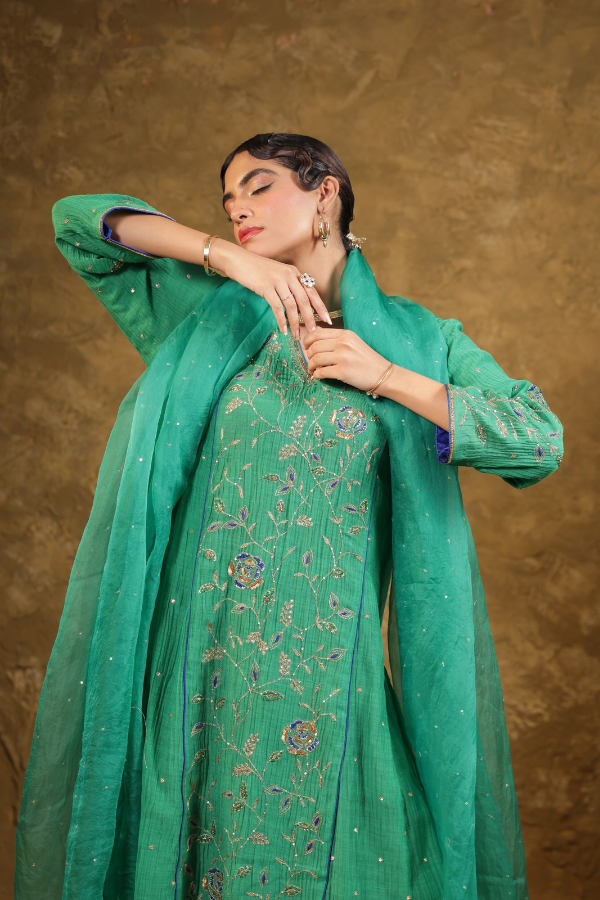 Green Jaal A-line Kurta Set