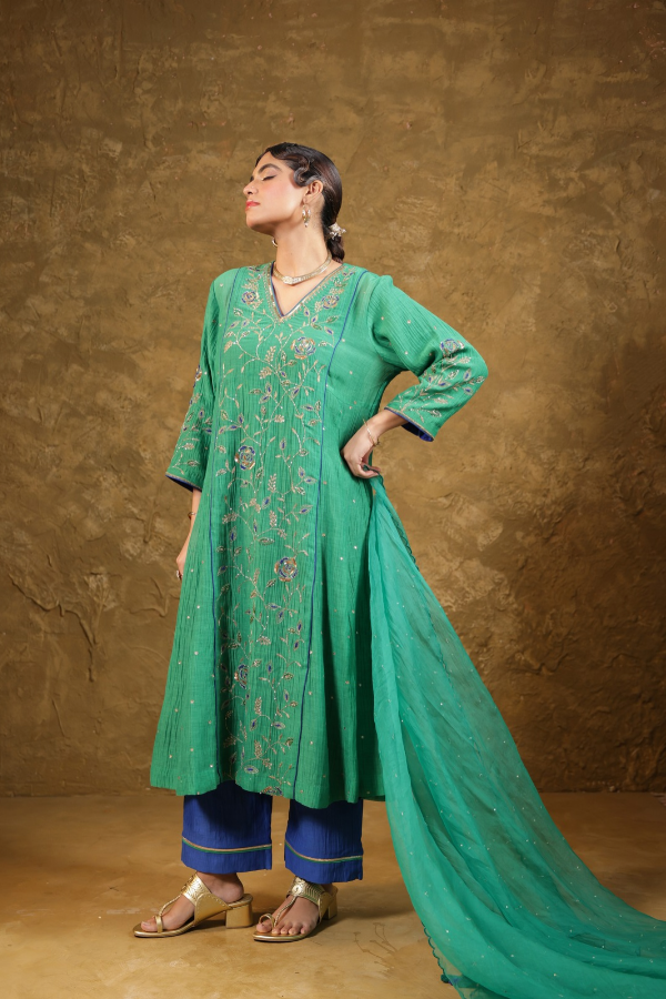 Green Jaal A-line Kurta Set