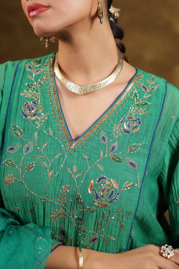 Green Jaal A-line Kurta Set