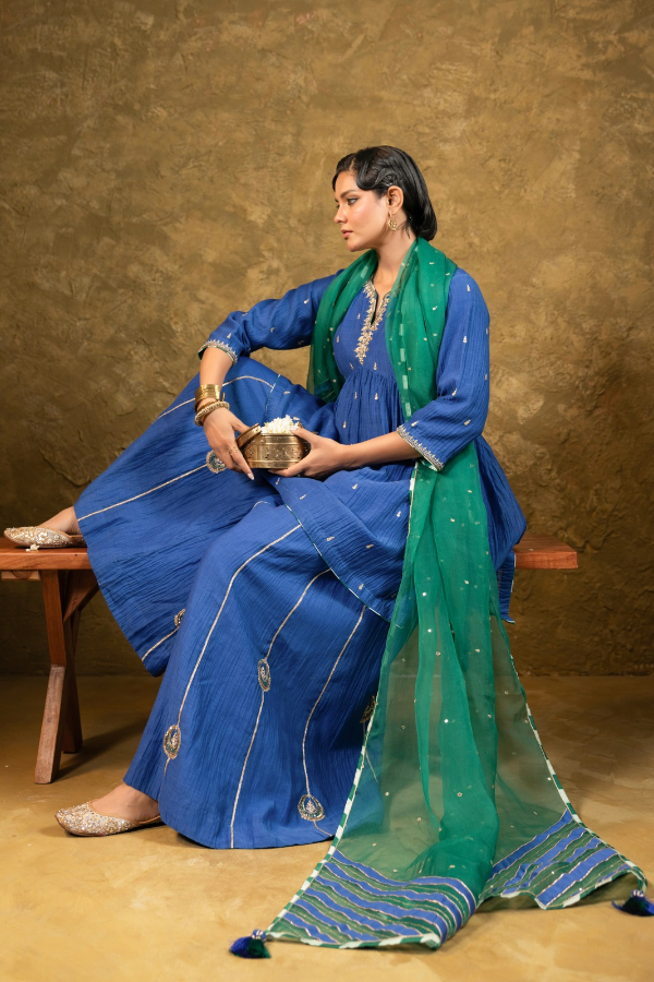 Electric Blue High Slit Sharara Set