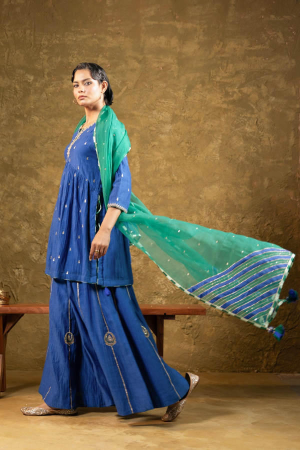 Electric Blue High Slit Sharara Set