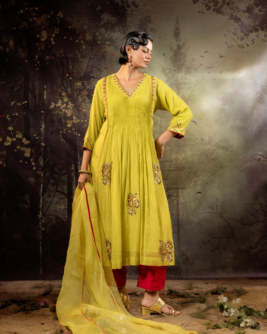 Neon Green 5 Boota Kurta Set