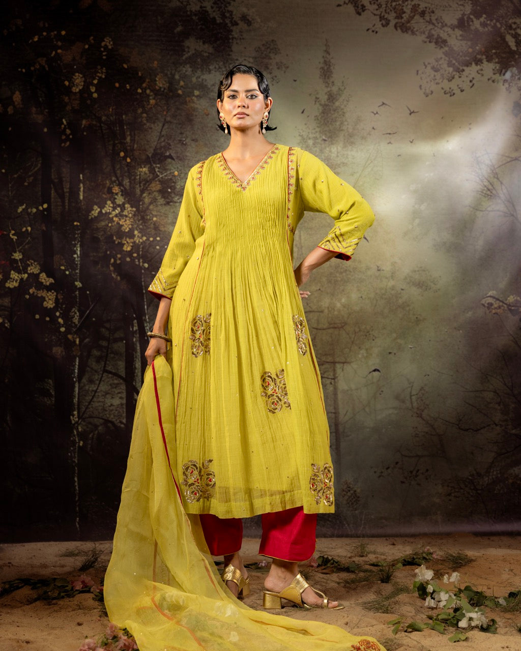 Neon Green 5 Boota Kurta Set