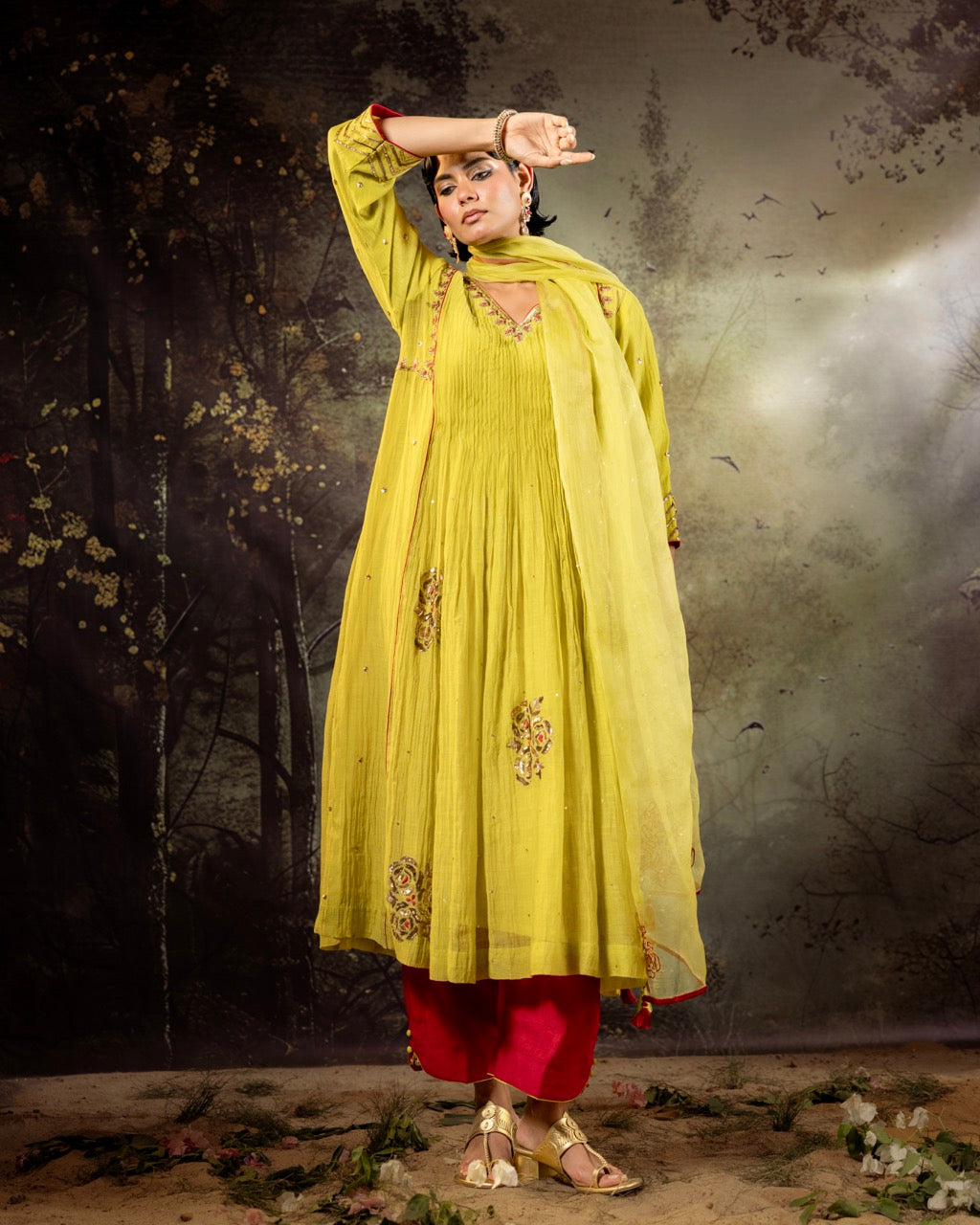 Neon Green 5 Boota Kurta Set