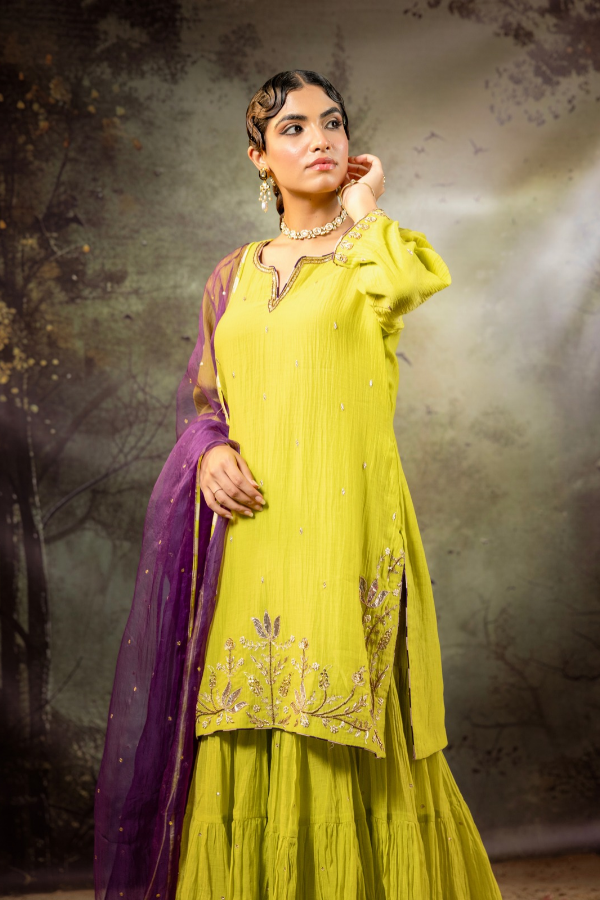 Neon Green Daman Lappa Sharara Set