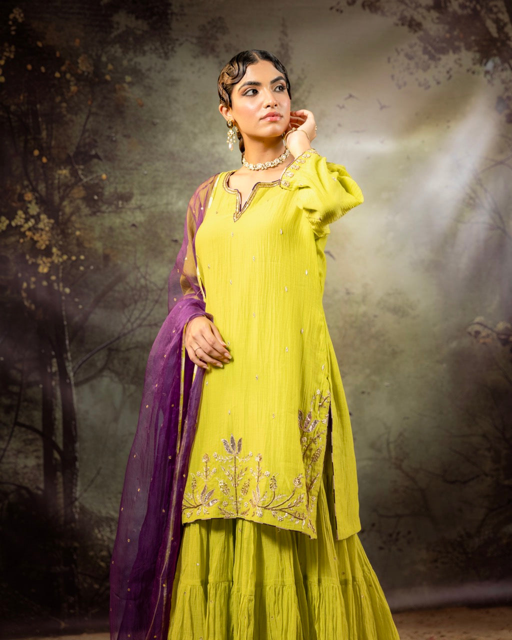 Neon Green Daman Lappa Sharara Set