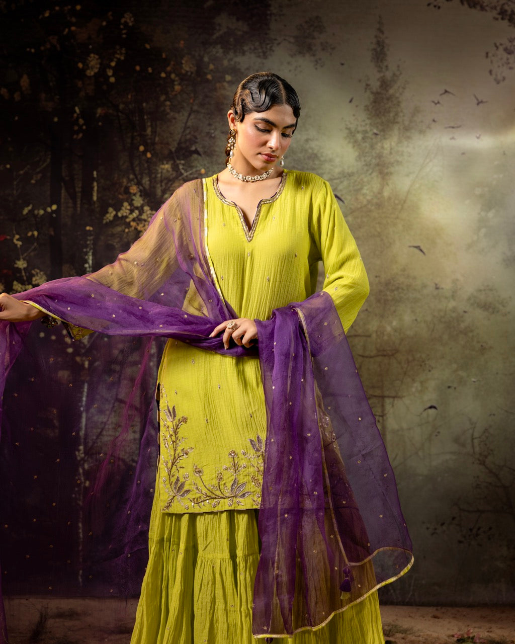 Neon Green Daman Lappa Sharara Set