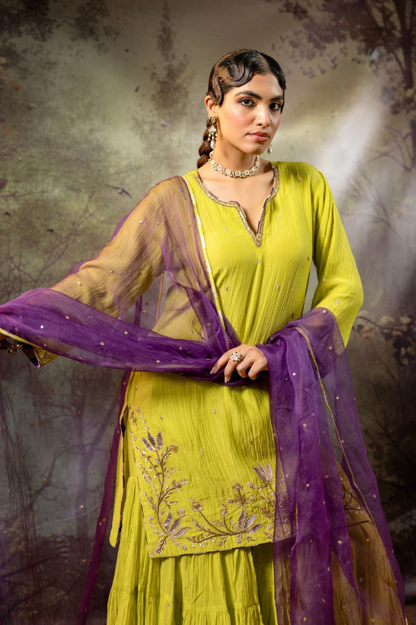 Neon Green Daman Lappa Sharara Set