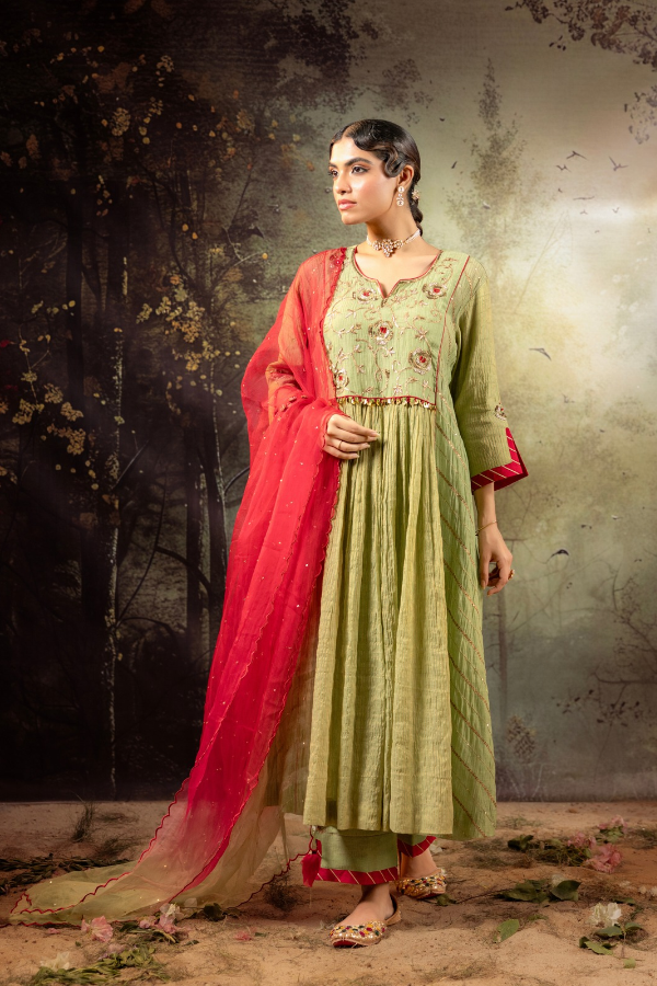Elaichi Green Center Gathered A-line Kurta Set