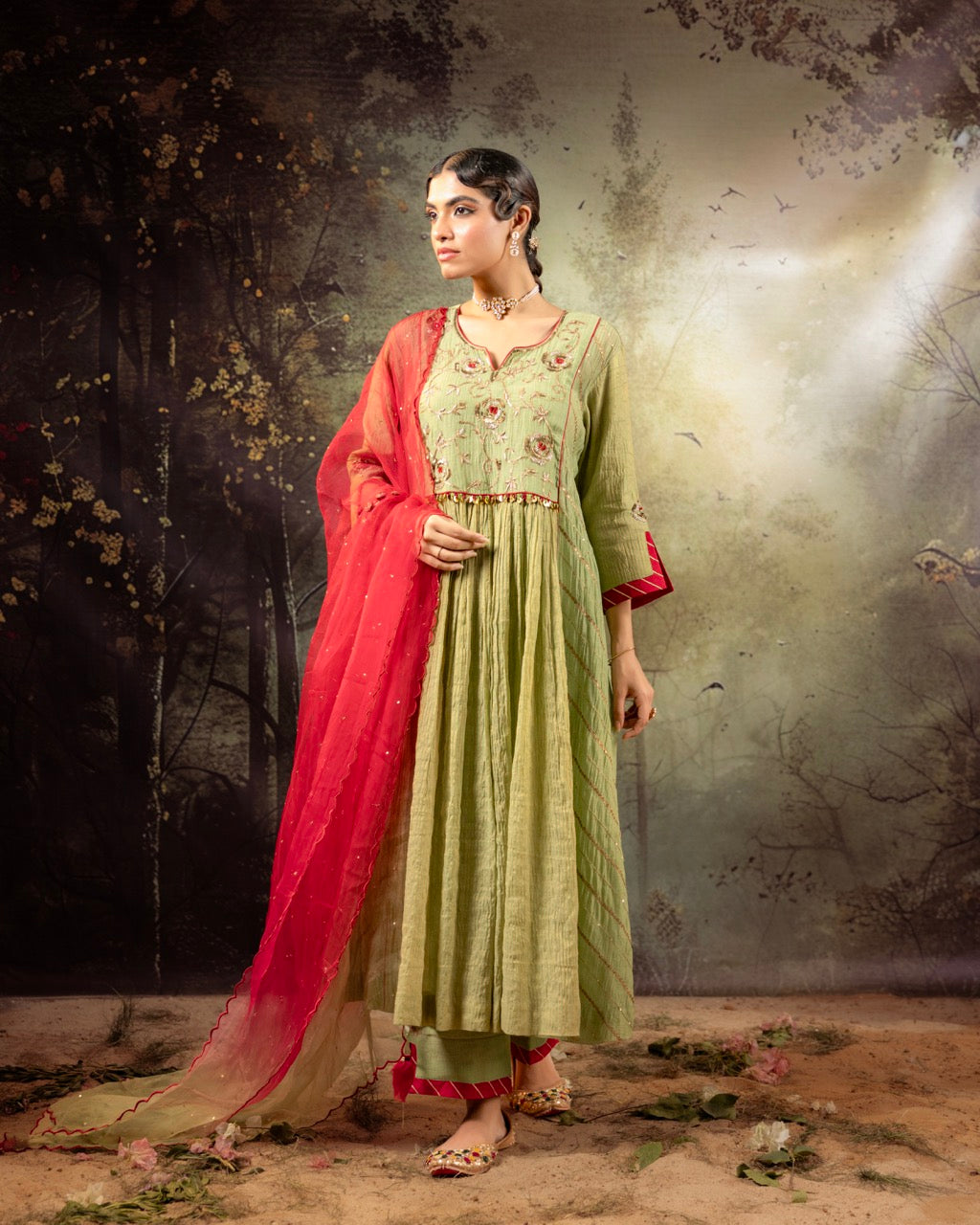 Elaichi Green Center Gathered A-line Kurta Set