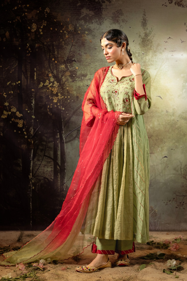 Elaichi Green Center Gathered A-line Kurta Set